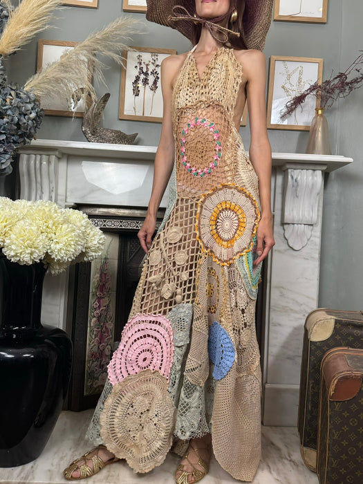 Omnia, vintage floral crochet long dress