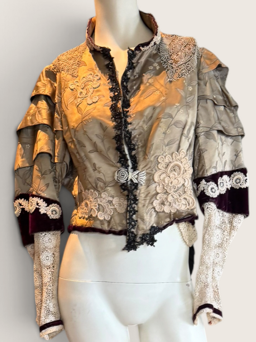 Carlotta, reworked Victorian silk damask and lace boned beaded jacket