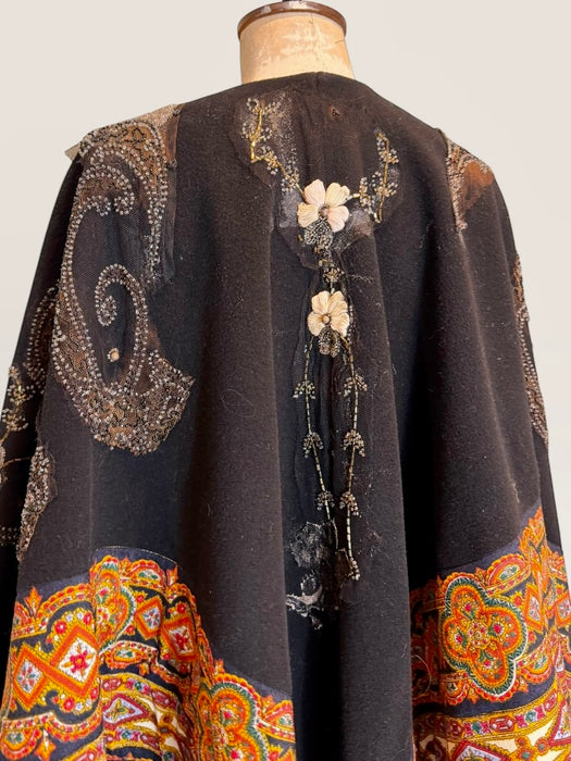 Marina, 70s paisley wool cape with 20s beading and floral embroidery