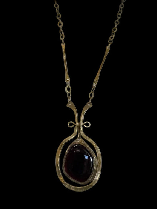 Felix, 70s modernist handmade brads chain and sculpted amber glass drop necklace