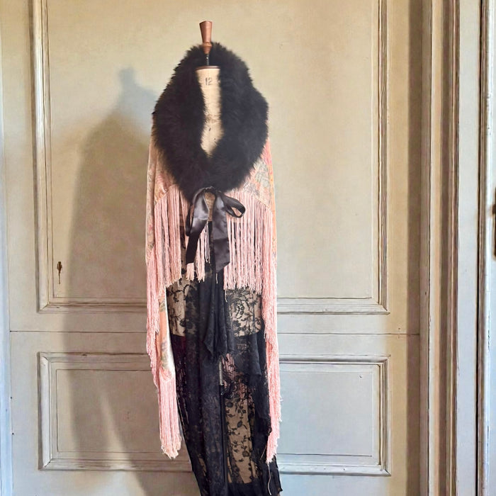 Wilma, 20s floral fringed velour cape with black feather collar and tie