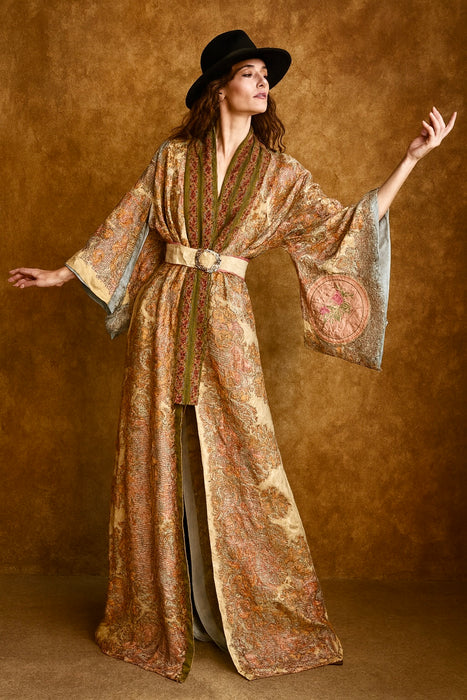 Moana, reworked 40s silk patchwork and hand painted velour long kimono