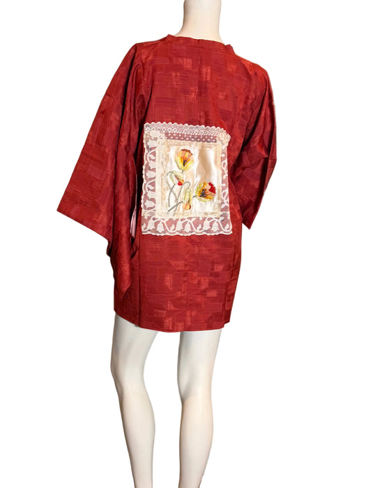 Tales, 40s a Japanese silk damask burnt orange kimono jacket with Victorian floral and lace motifs