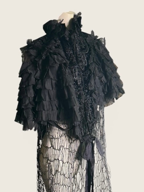 Elma, Victorian black silk ruffled cape with velour jet beaded collar