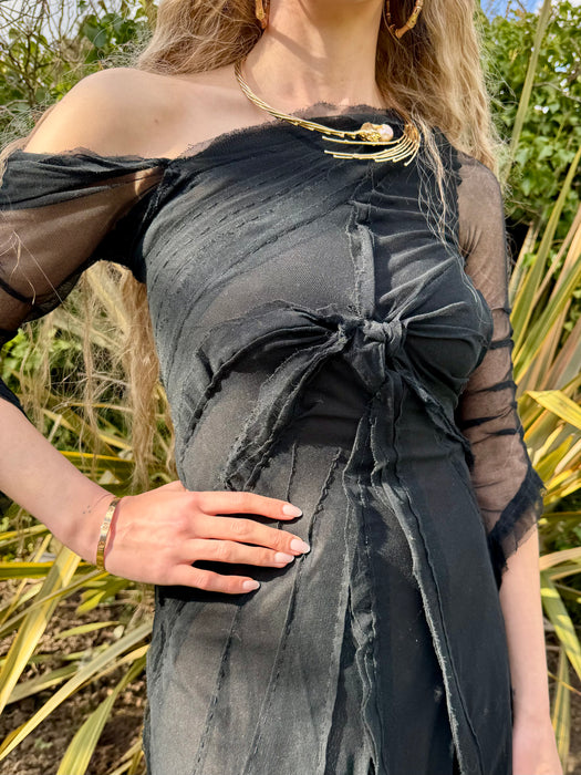 Stevie, 30s black net assymetric pleated gown