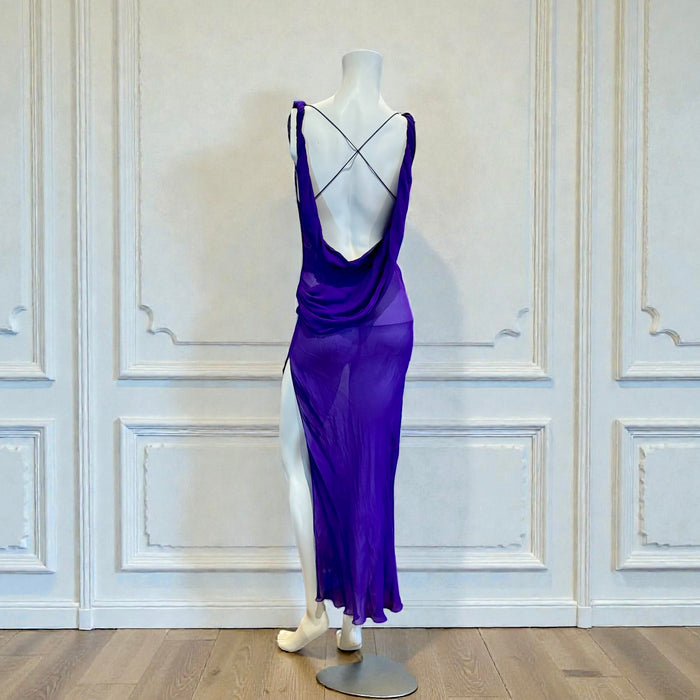 Axil, 90s purple silk chiffon bias cut dress with cowl neck