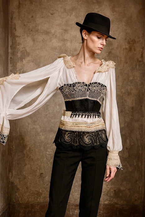 Pluto, reworked corseted lace and beaded poet blouse