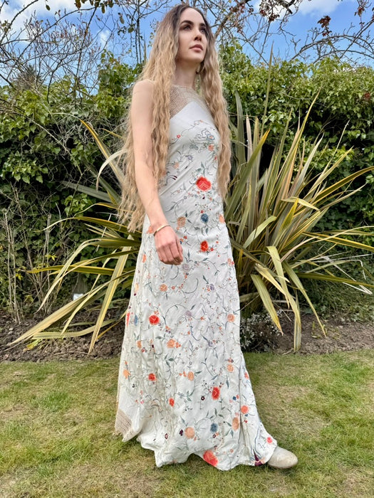 Caprice, reworked 40s silk embroidered floral shawl dress