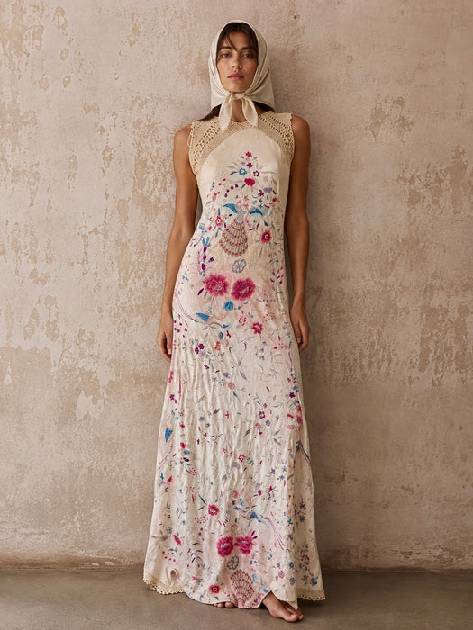 Daria, reworked bias cut cream piano shawl embroidered fringed dress