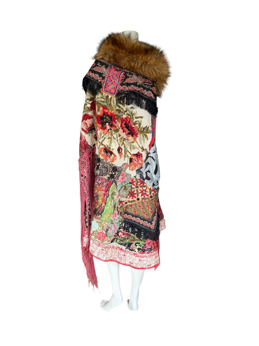 Stacey, reworked 1930, wool embroidered cape with faux fur collar
