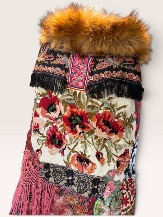Stacey, reworked 1930, wool embroidered cape with faux fur collar