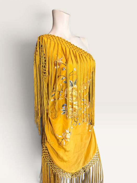 Magnolia, vintage floral silk embroidered piano shawl fringed, draped dress