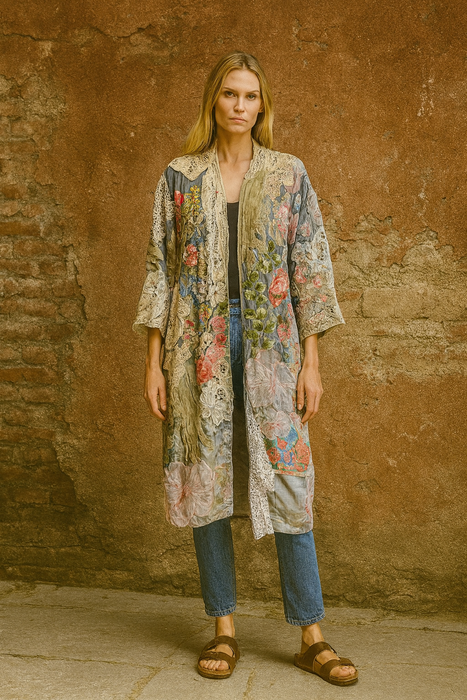 Blaine, reworked patchwork 40s silk embroidered floral kimono
