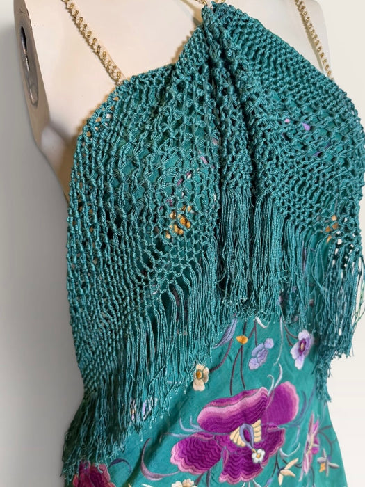 Dora, reworked 1940s silk embroidered fringed piano shawl dress