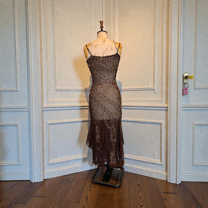 Tory, 90s beaded brown bias cut chiffon handkerchief dress
