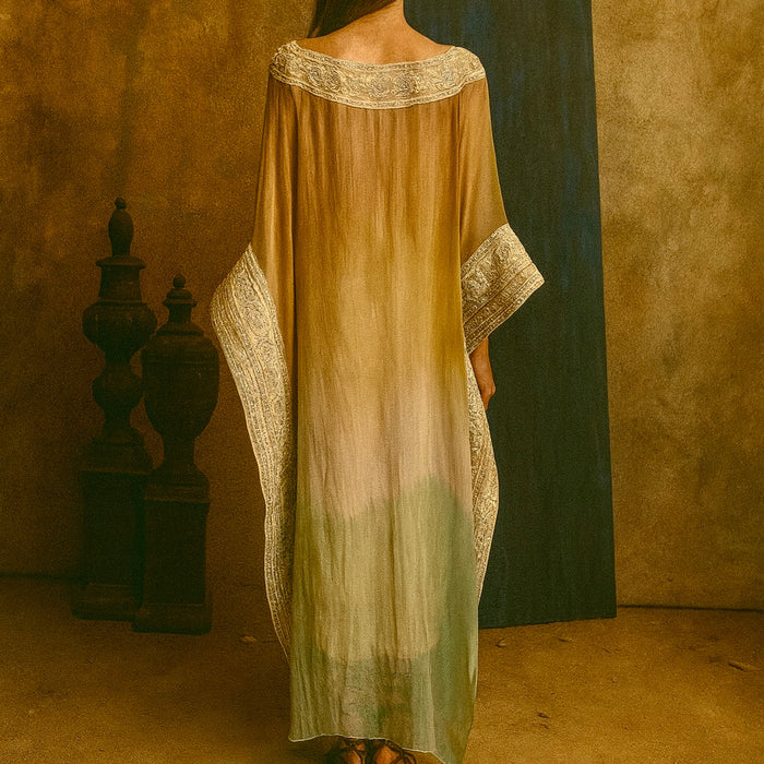 Bodie, hand dyed embroidered silk kaftan