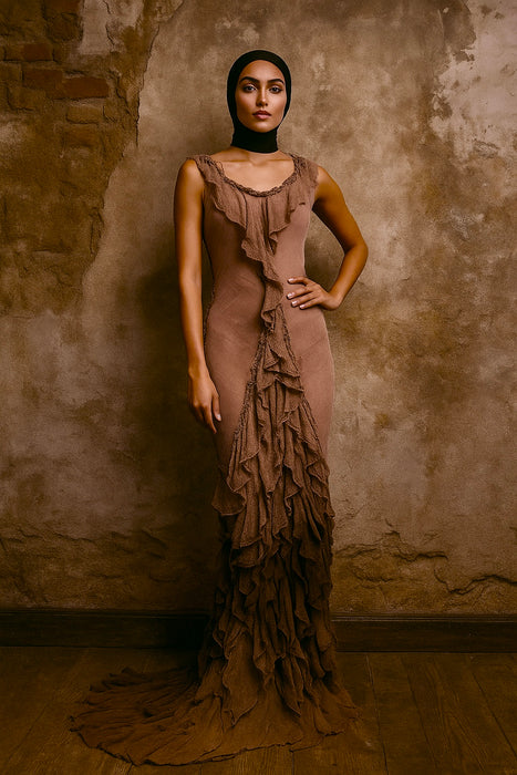 Anita, hand dyed vintage fishtail ombré muslin tiered dress