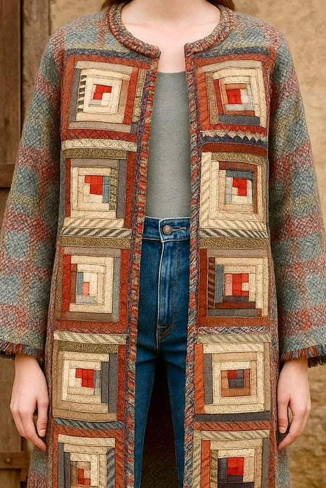 Moderna, 70s check blanket coat with Victorian patchwork design