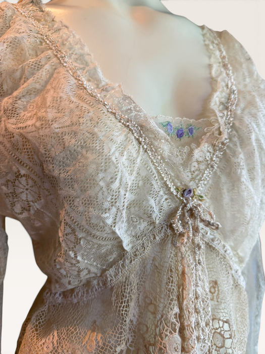 Medina, reworked 30s long sleeved French lace blouse with ribbon florals