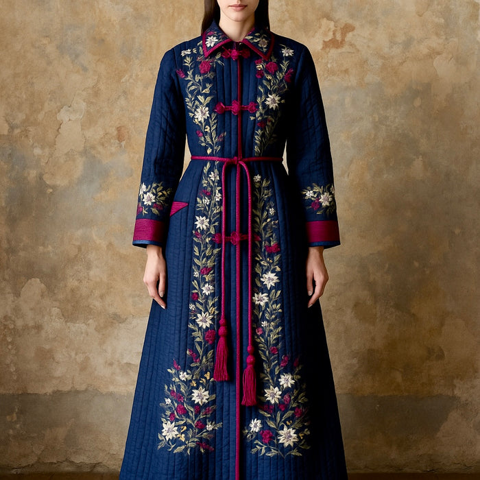 Tara, Victorian silk embroidered floral quilted long coat