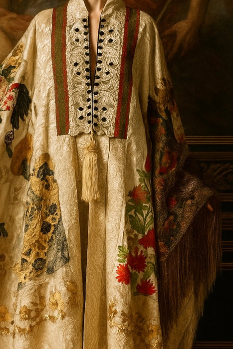 Donna, Reworked 40s Kashmiri embroidered patchwork fringed cape