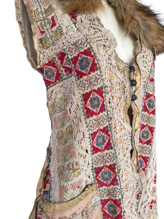 Chiara, 19th C Greek hand woven embroidered waistcoat with a faux fur collar and beaded side pocket