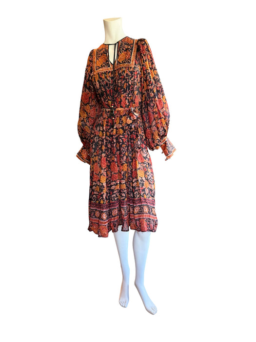 Anchor, 70s silk Indian block print balloon sleeves belted dress