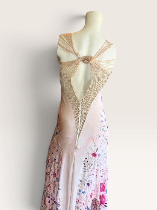 Daria, reworked bias cut cream piano shawl embroidered fringed dress
