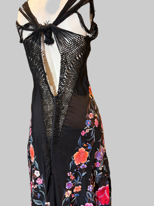 Birdie, reworked 40s embroidered piano shawl bias cut fringed dress