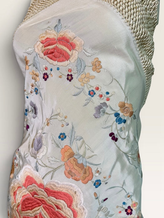 Diana, reworked short 40s silk embroidered piano shawl dress