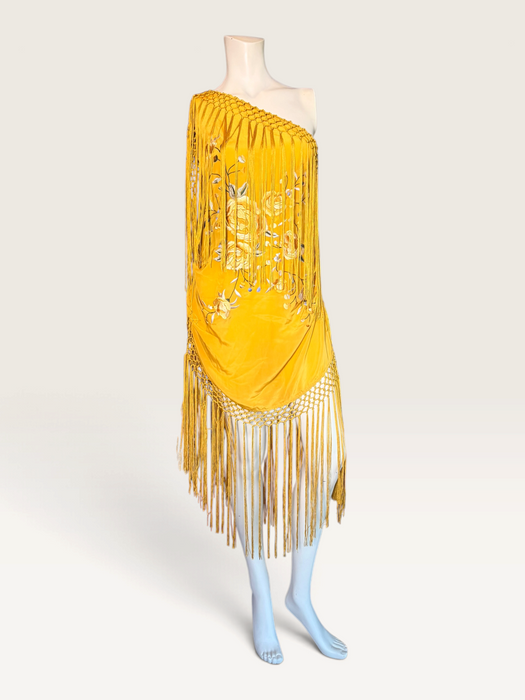 Magnolia, vintage floral silk embroidered piano shawl fringed, draped dress