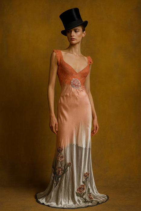 Patty, hand dyed embroidered 30s silk and lace dress