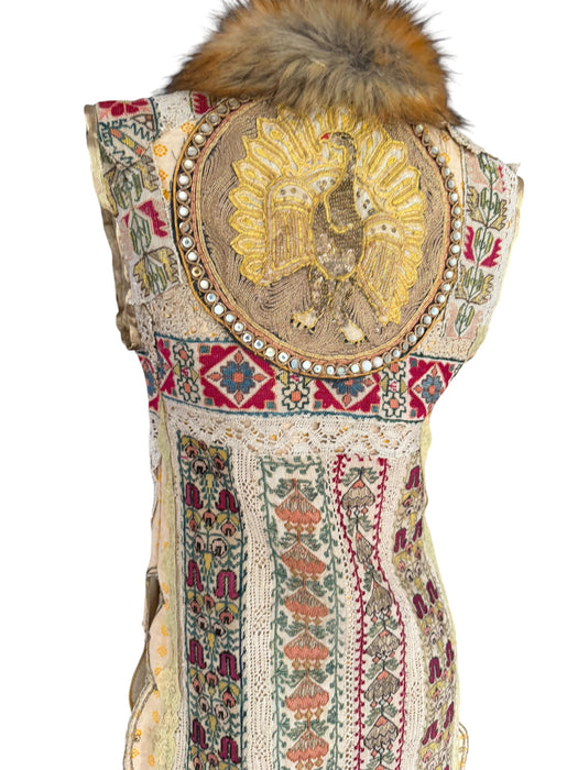 Chiara, 19th C Greek hand woven embroidered waistcoat with a faux fur collar and beaded side pocket