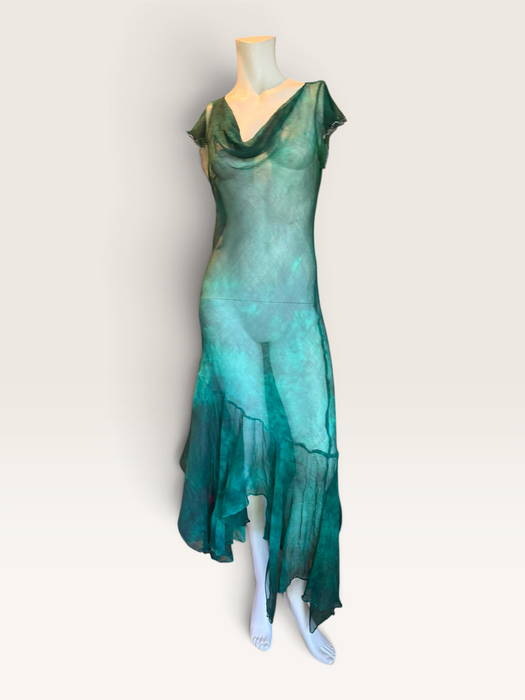 Ronda, hand dyed emerald green bias cut, asymmetric vintage chiffon beaded dress