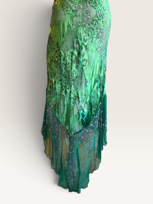 Lola, 90s beaded bias cut asymmetrical animal print dress