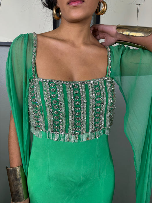 Arianna, jewel green 60s beaded dress