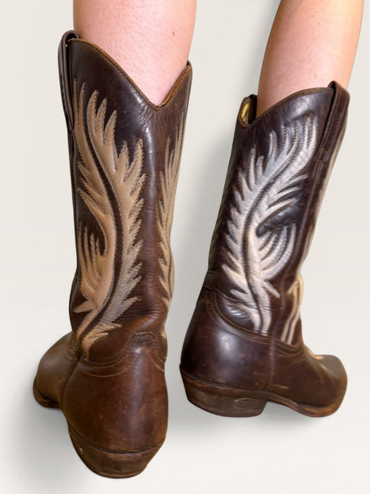 Ozark, 70s brown and cream tooled hand painted cowboy boots