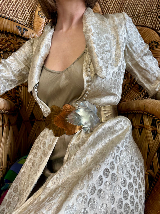 Mariam, 30s embroidered silver lamé long swing coat