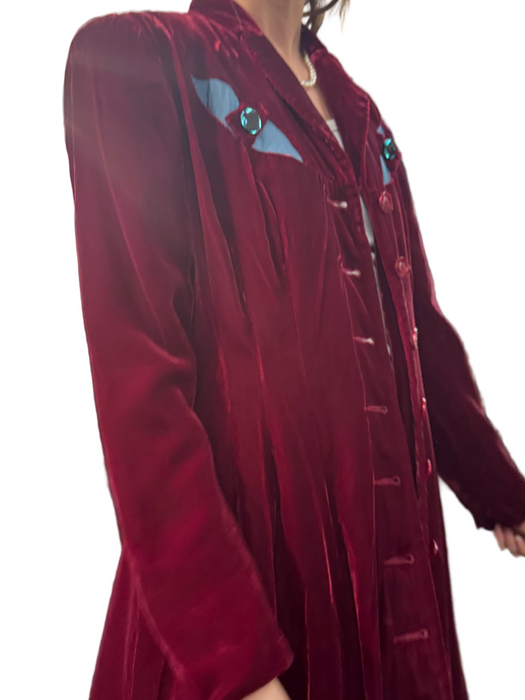 Michéle Pernetta, 80s burgundy velour cat eye long coat