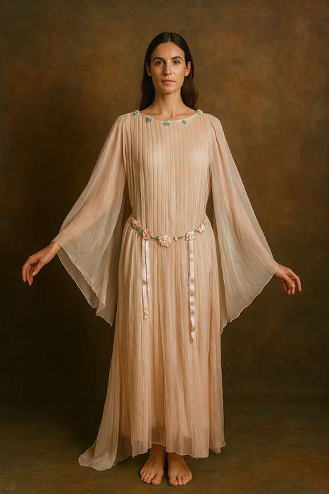 Adan, 30s blush pink silk chiffon angel sleeve pleated dress with florals and a ribbon tie
