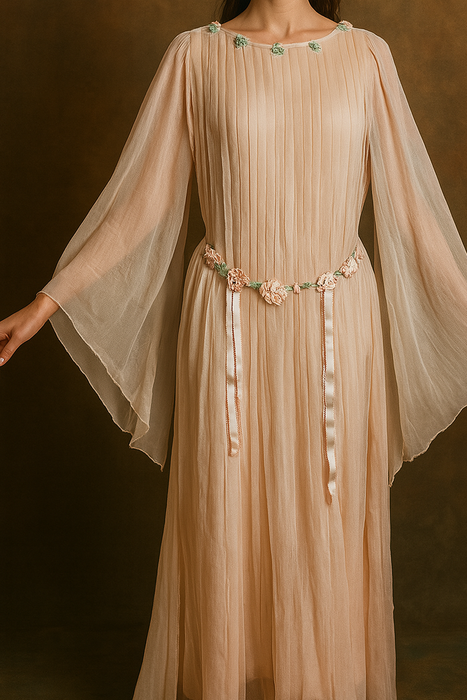 Adan, 30s blush pink silk chiffon angel sleeve pleated dress with florals and a ribbon tie