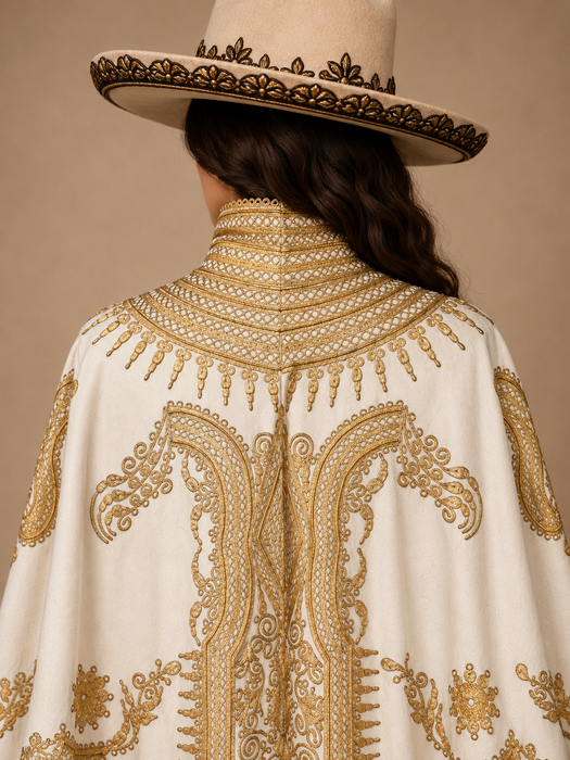 Shay, Ottoman cream and gold embroidered cape with cream lace ruffle collar