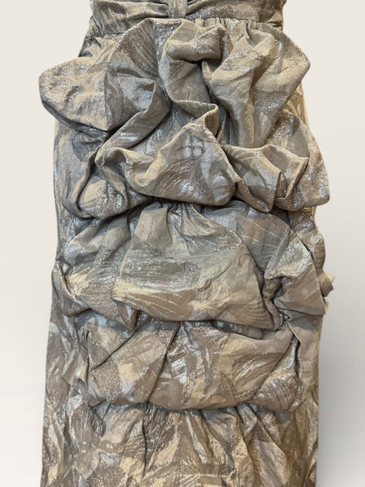 Monica, 20s silver floral lamé dress with bustle train