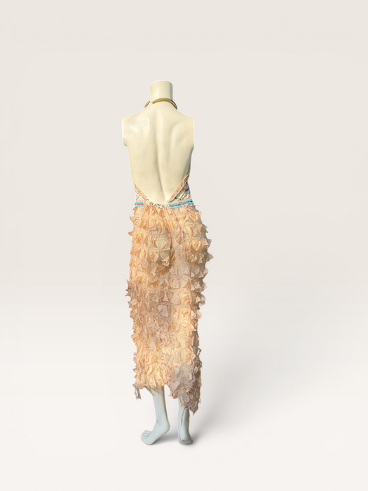 Kali, reworked embroidered piano shawl dress with brass choker and 20s sheered metallic skirt