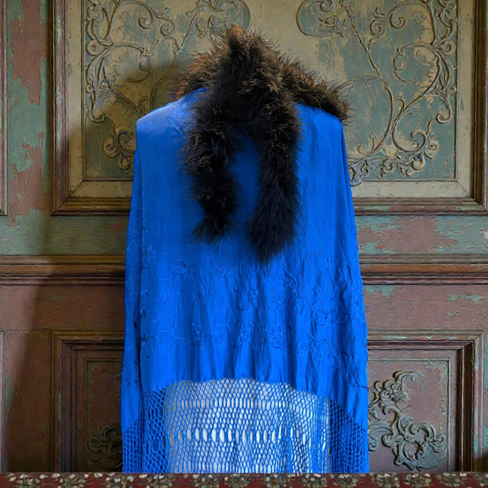 Sasha, 40s cobalt blue embroidered piano shawl feather fringed cape