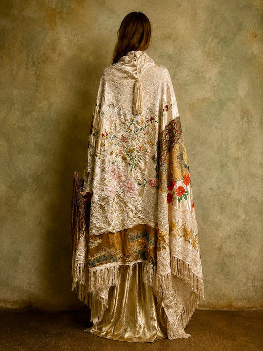 Donna, Reworked 40s Kashmiri embroidered patchwork fringed cape
