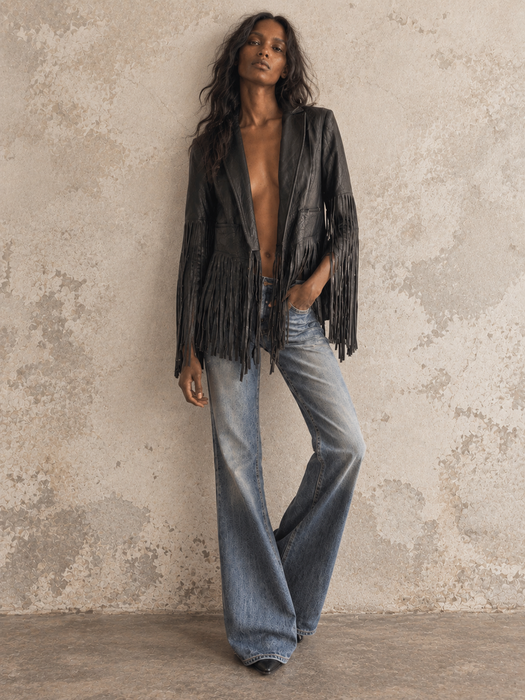 Kate Moss, for Top Shop Y2K navy leather fringed jacket