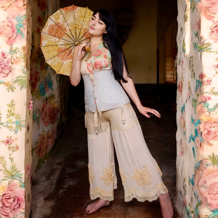 Sally, reworked 20s Pongee floral jumpsuit with lace silk