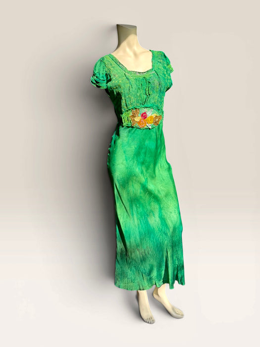Bora, 1930s emerald green hand dyed silk bias cut dress with lace inserts and Victorian ribbon work florals