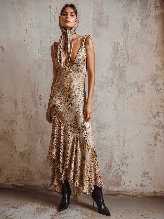 Ranah, 90s bias cut animal print asymmetric chiffon dress